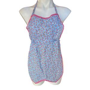 Floral Half Apron S Tie Closure MCM Double V Hem Cotton Blue Pink Handmade 24” L